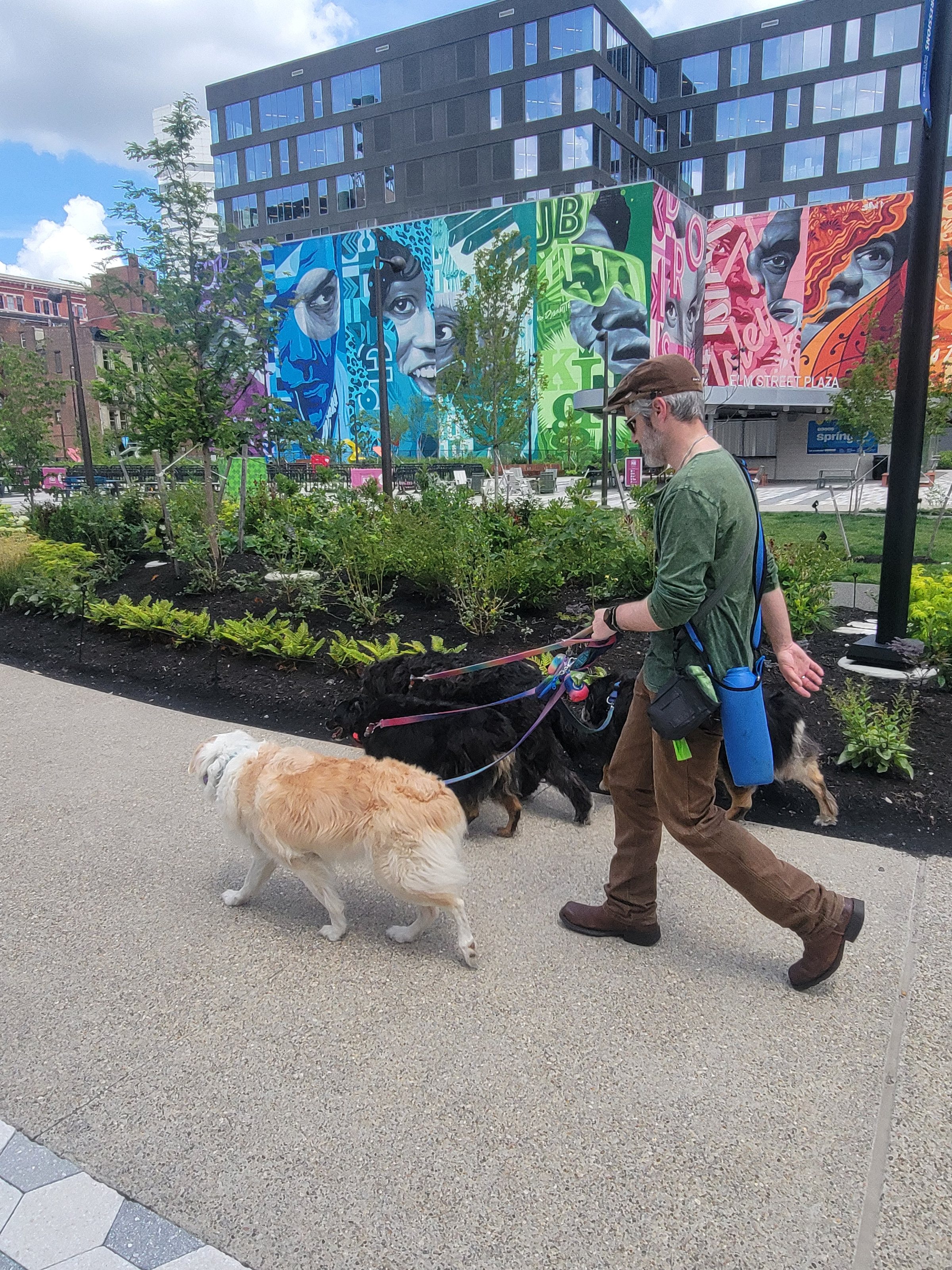 A dog on a leash walking past a colorful mural on a Cincinnati street